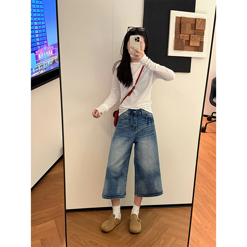 2026夏季小個子垂感直筒七分褲牛仔褲美式復古高腰寬松闊腿褲女