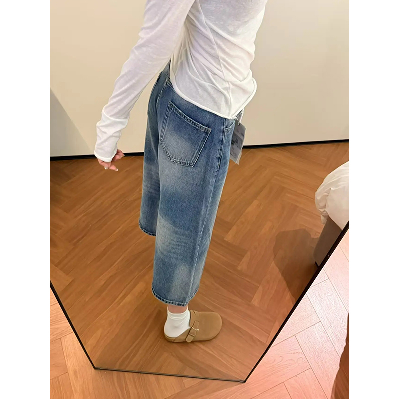2026夏季小個子垂感直筒七分褲牛仔褲美式復古高腰寬松闊腿褲女