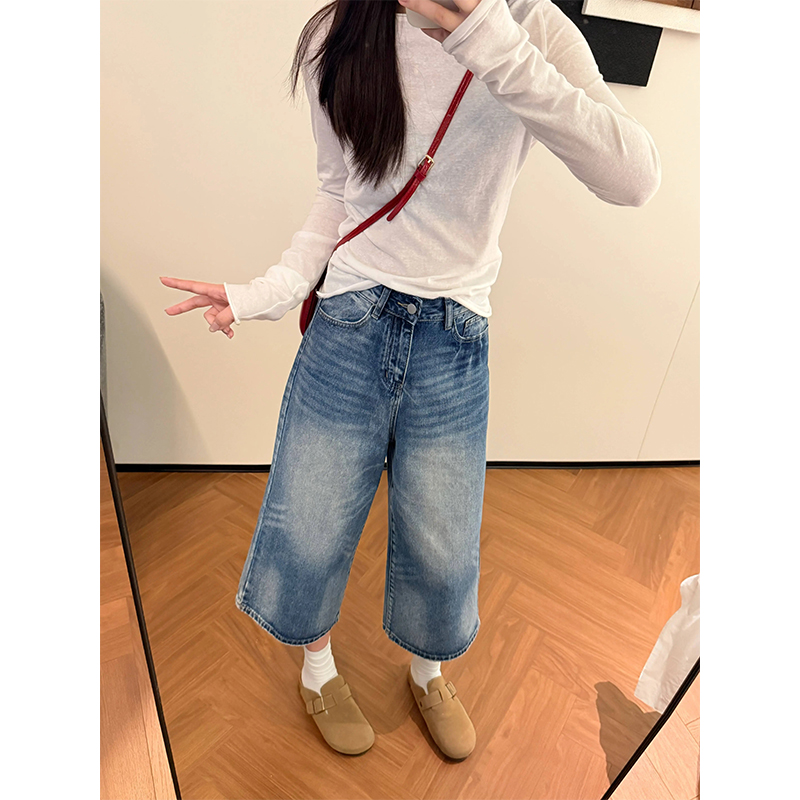 2026夏季小個子垂感直筒七分褲牛仔褲美式復古高腰寬松闊腿褲女