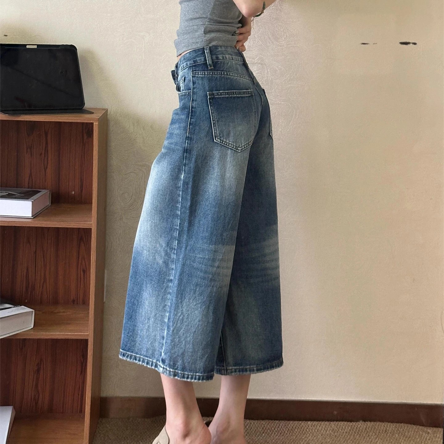 2026夏季新款七分牛仔褲女美式闊腿寬松闊腿顯瘦百搭直筒中褲休閑
