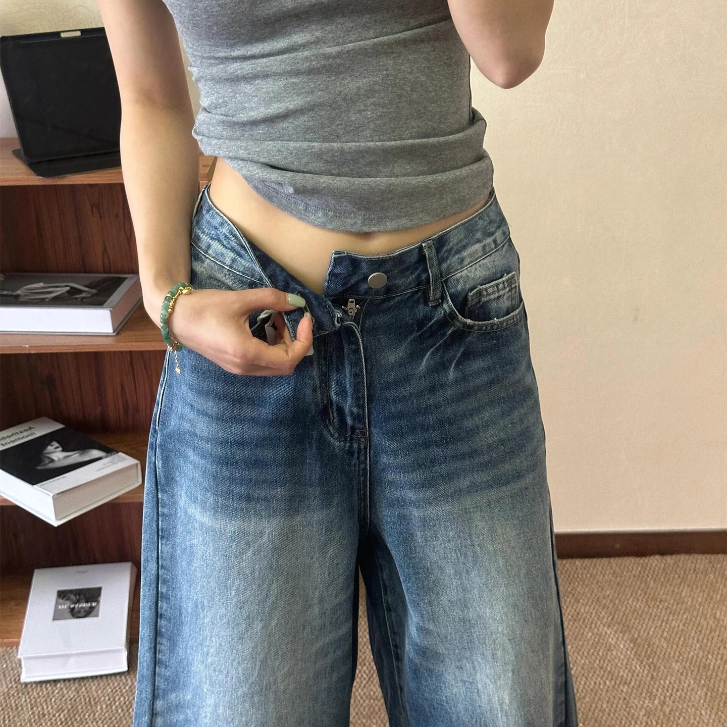2026夏季新款七分牛仔褲女美式闊腿寬松闊腿顯瘦百搭直筒中褲休閑