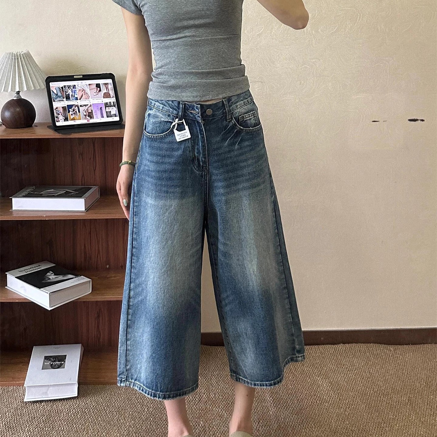 2026夏季新款七分牛仔褲女美式闊腿寬松闊腿顯瘦百搭直筒中褲休閑