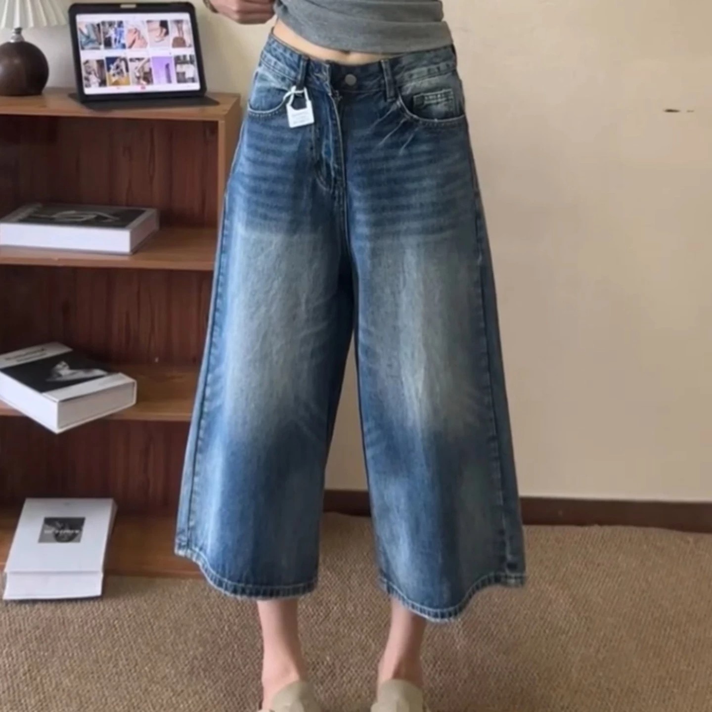 2026夏季新款七分牛仔褲女美式闊腿寬松闊腿顯瘦百搭直筒中褲休閑