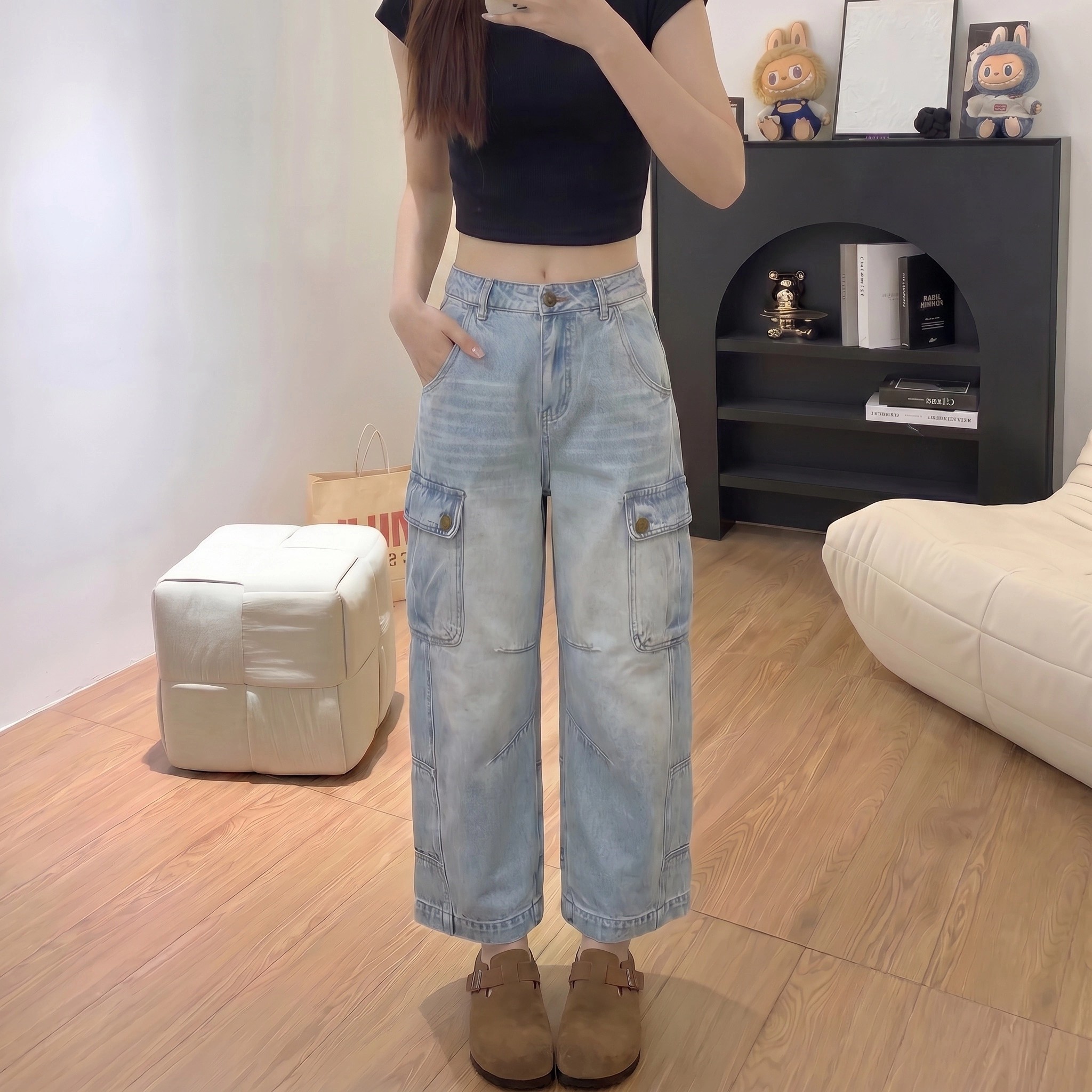 工裝牛仔褲女裝夏季2026新款大碼胖mm美式寬松顯瘦闊腿褲子九分褲