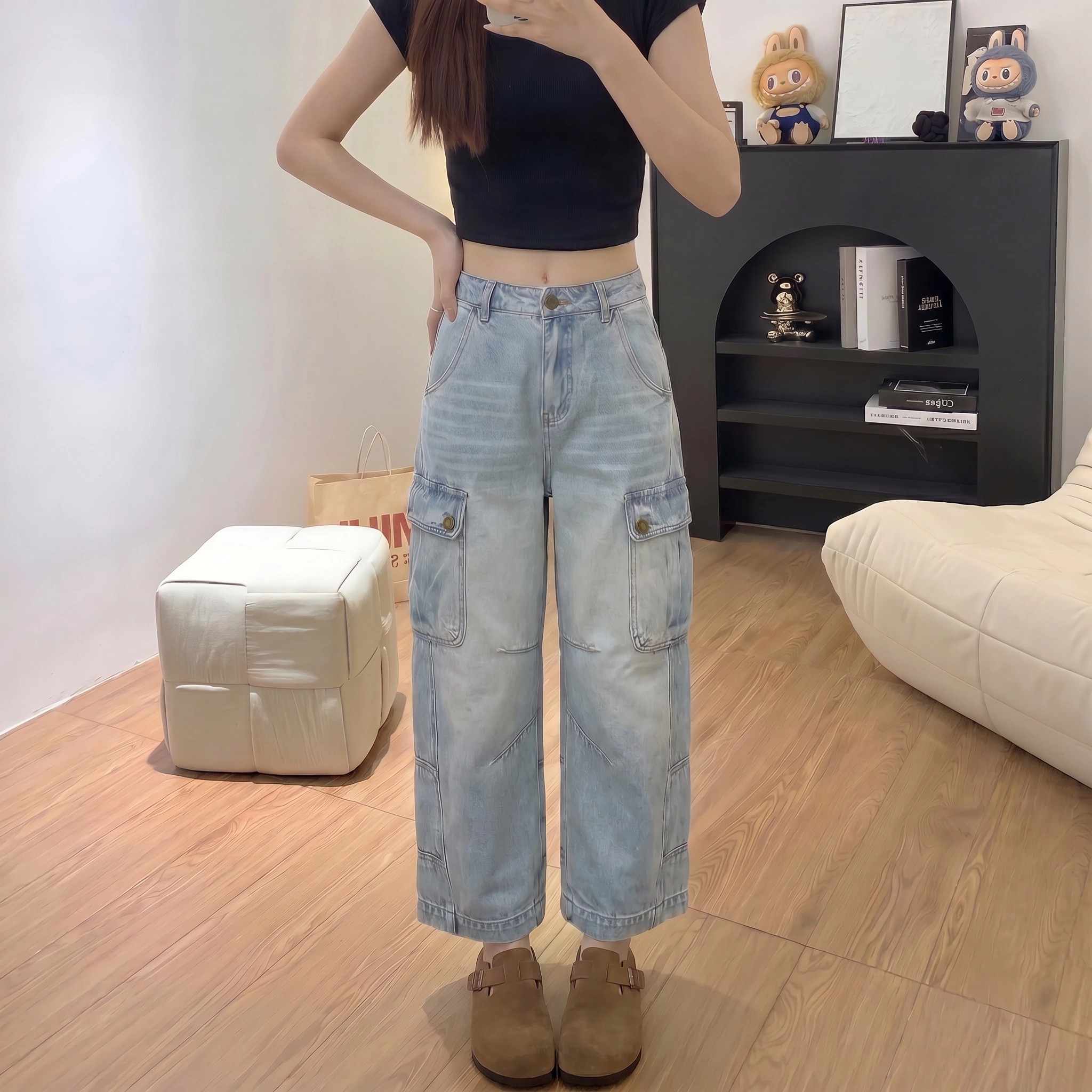 工裝牛仔褲女裝夏季2026新款大碼胖mm美式寬松顯瘦闊腿褲子九分褲