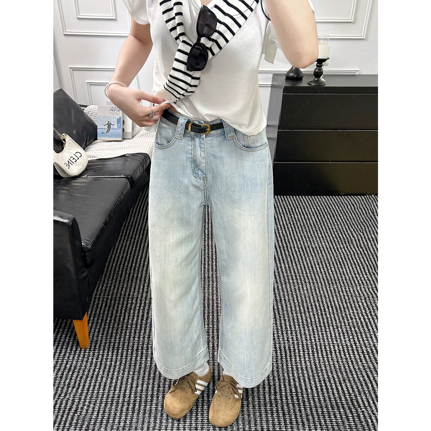 淺藍150九分直筒牛仔褲女夏季薄款高腰垂感小個子寬松顯瘦闊腿褲