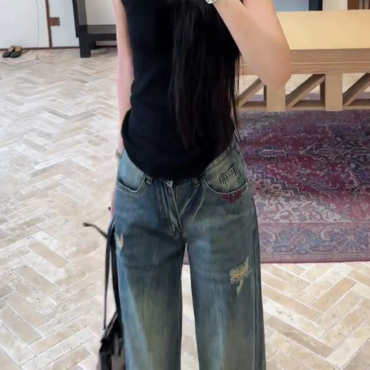 復古藍破洞牛仔褲2026新款女薄款版型超好看的褲子夏季闊腿褲子夏