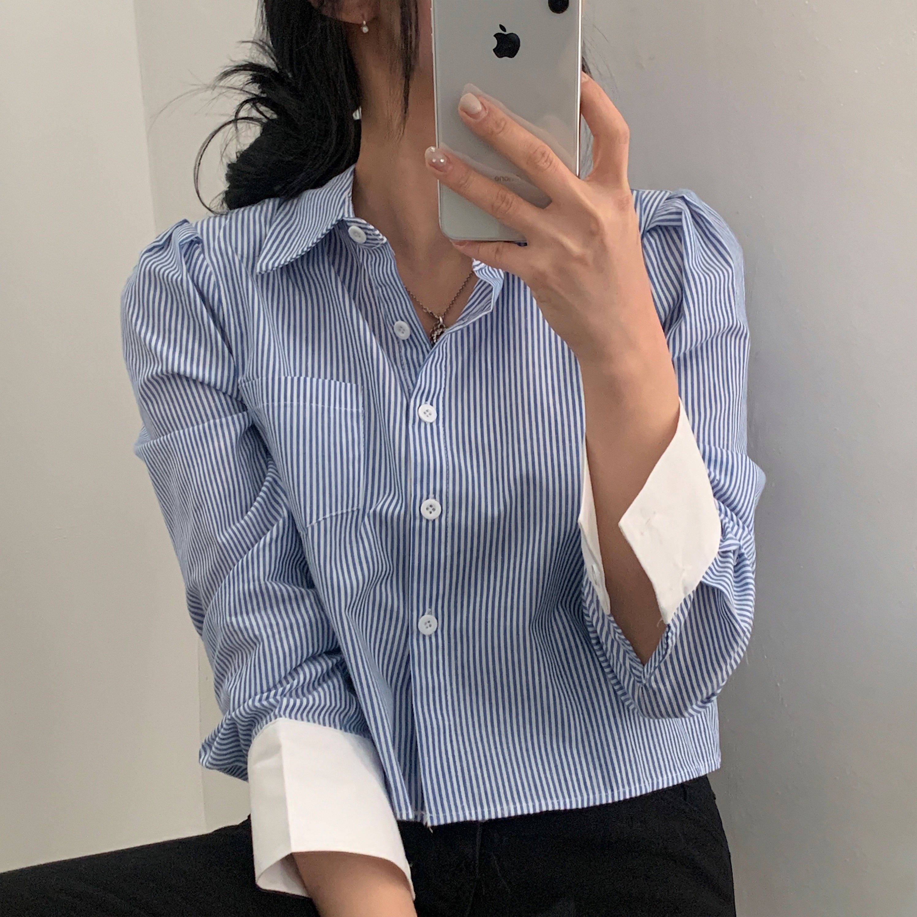 MY16691# 韩国chic翻领单排扣拼接撞色袖口短款百搭条纹衬衫女女裝...