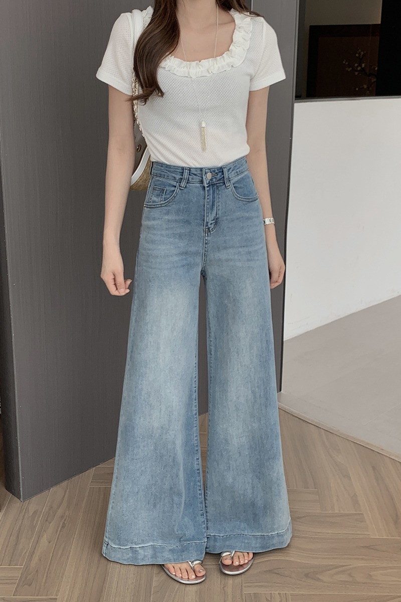 小個子淺藍色闊腿牛仔褲女2026年春夏新款高腰寬松顯瘦垂感拖地褲