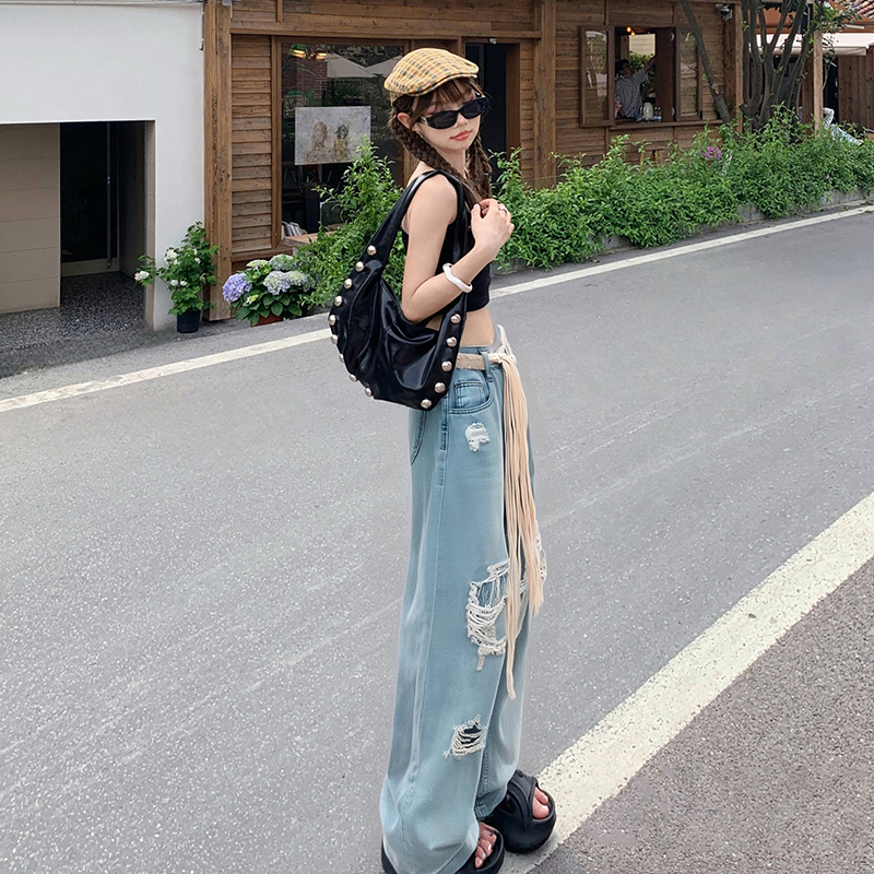 淺藍色破洞蕾絲闊腿牛仔褲女2026春夏設計感寬松顯瘦小個子闊腿褲