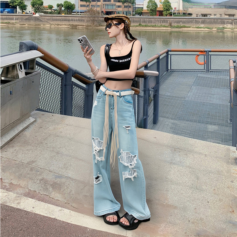 淺藍色破洞蕾絲闊腿牛仔褲女2026春夏設計感寬松顯瘦小個子闊腿褲