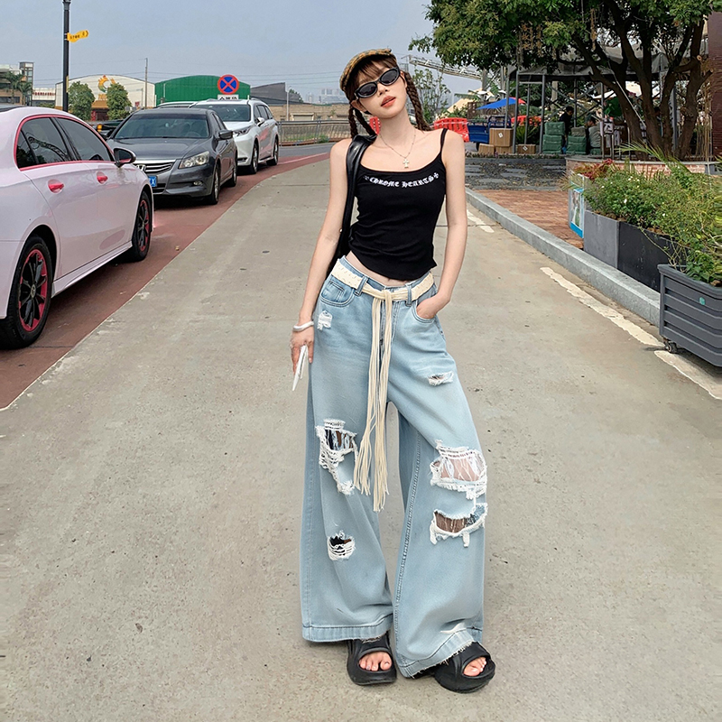 淺藍色破洞蕾絲闊腿牛仔褲女2026春夏設計感寬松顯瘦小個子闊腿褲