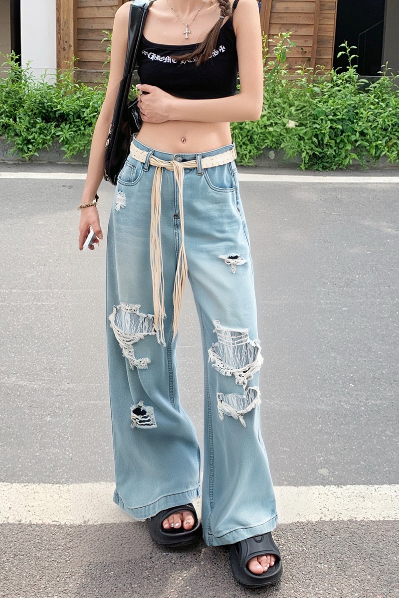 淺藍色破洞蕾絲闊腿牛仔褲女2026春夏設計感寬松顯瘦小個子闊腿褲