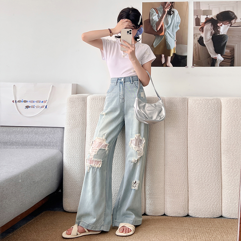 淺藍色破洞蕾絲闊腿牛仔褲女2026春夏設計感寬松顯瘦小個子闊腿褲