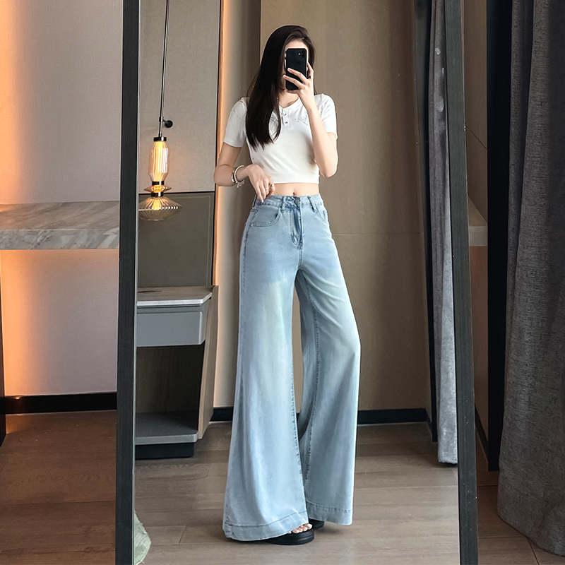 復古水洗喇叭褲2026夏款闊腿牛仔褲女高腰寬松彈力萊賽爾微喇叭褲