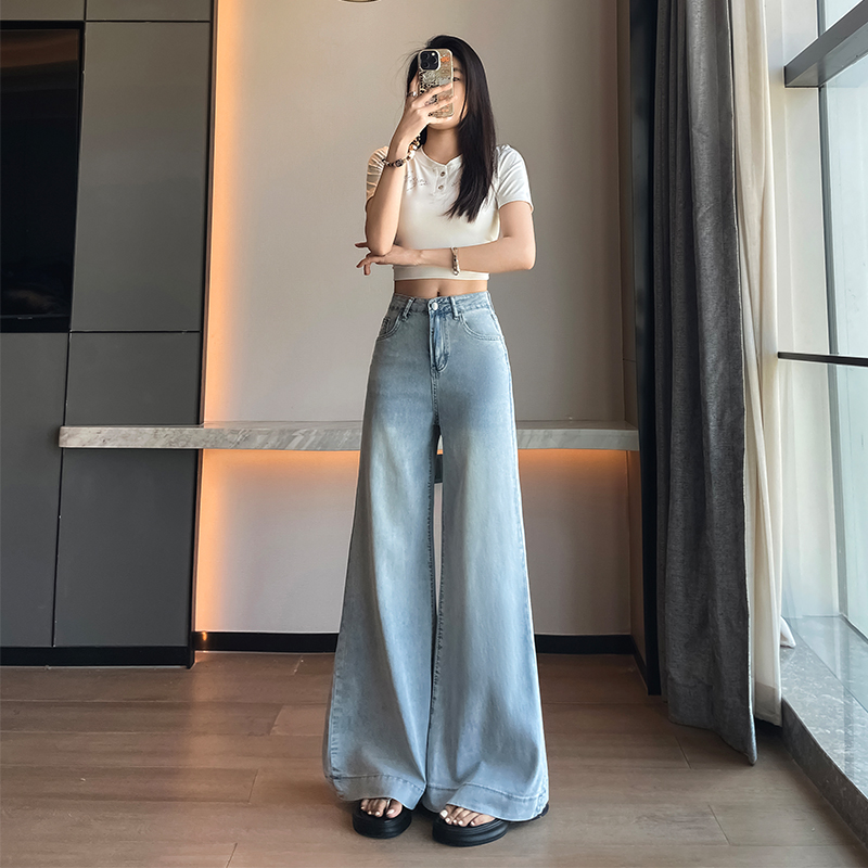 復古水洗喇叭褲2026夏款闊腿牛仔褲女高腰寬松彈力萊賽爾微喇叭褲
