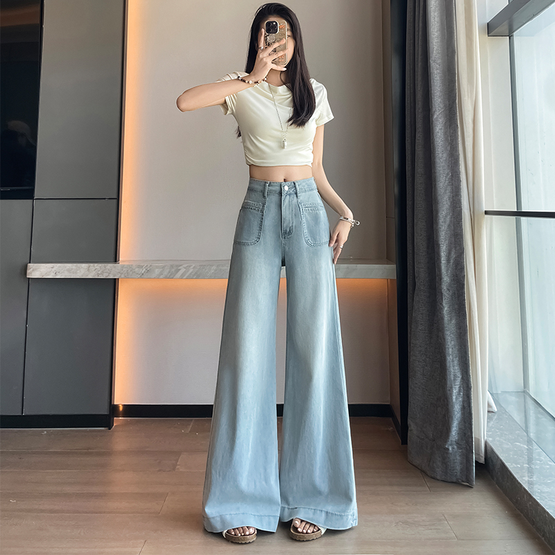 小個子萊賽爾軟牛仔闊腿褲女2026夏季九分薄款冰絲喇叭褲顯高褲子