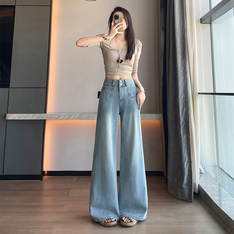 小個子萊賽爾軟牛仔闊腿褲女2026夏季九分薄款冰絲喇叭褲顯高褲子