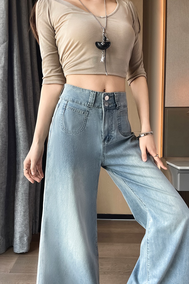 小個子萊賽爾軟牛仔闊腿褲女2026夏季九分薄款冰絲喇叭褲顯高褲子