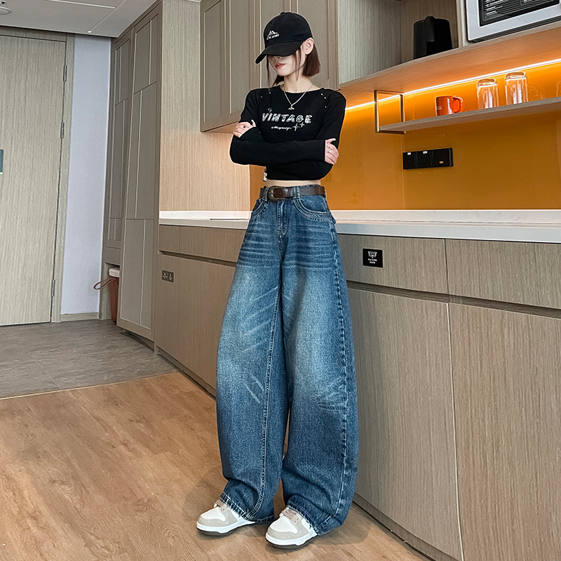 灰白色美式高腰闊腿天絲棉牛仔褲刺繡寬松百搭垂感休閑彎刀拖地褲