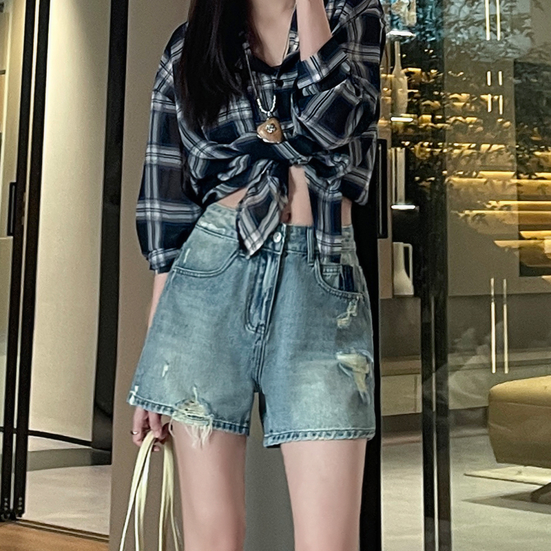 撞色懷舊牛仔短褲女夏季薄款2026新款寬松顯瘦氣質韓版破洞短褲子