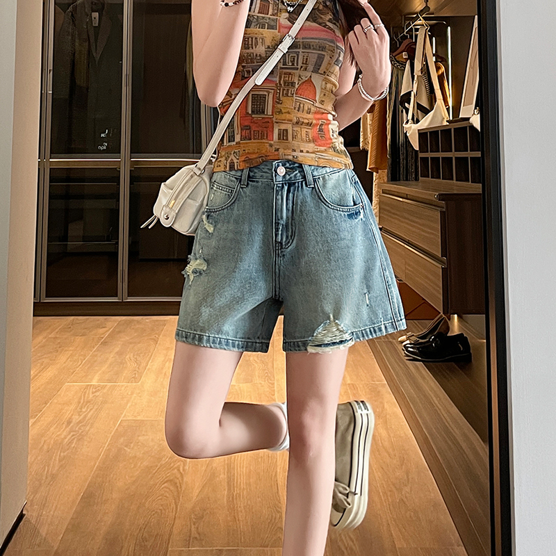 牛仔短褲女夏季薄款2026新款寬松顯瘦闊腿氣質韓版破洞懷舊短褲子