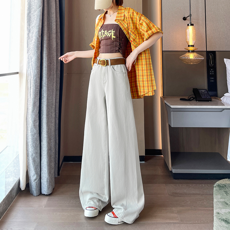 奶茶灰闊腿牛仔褲女2026新款高腰寬松時尚洋氣爆款拼接直筒拖地褲