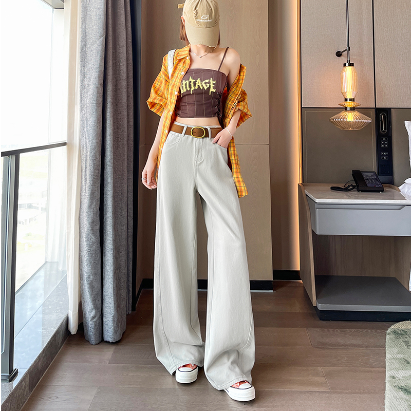 奶茶灰闊腿牛仔褲女2026新款高腰寬松時尚洋氣爆款拼接直筒拖地褲