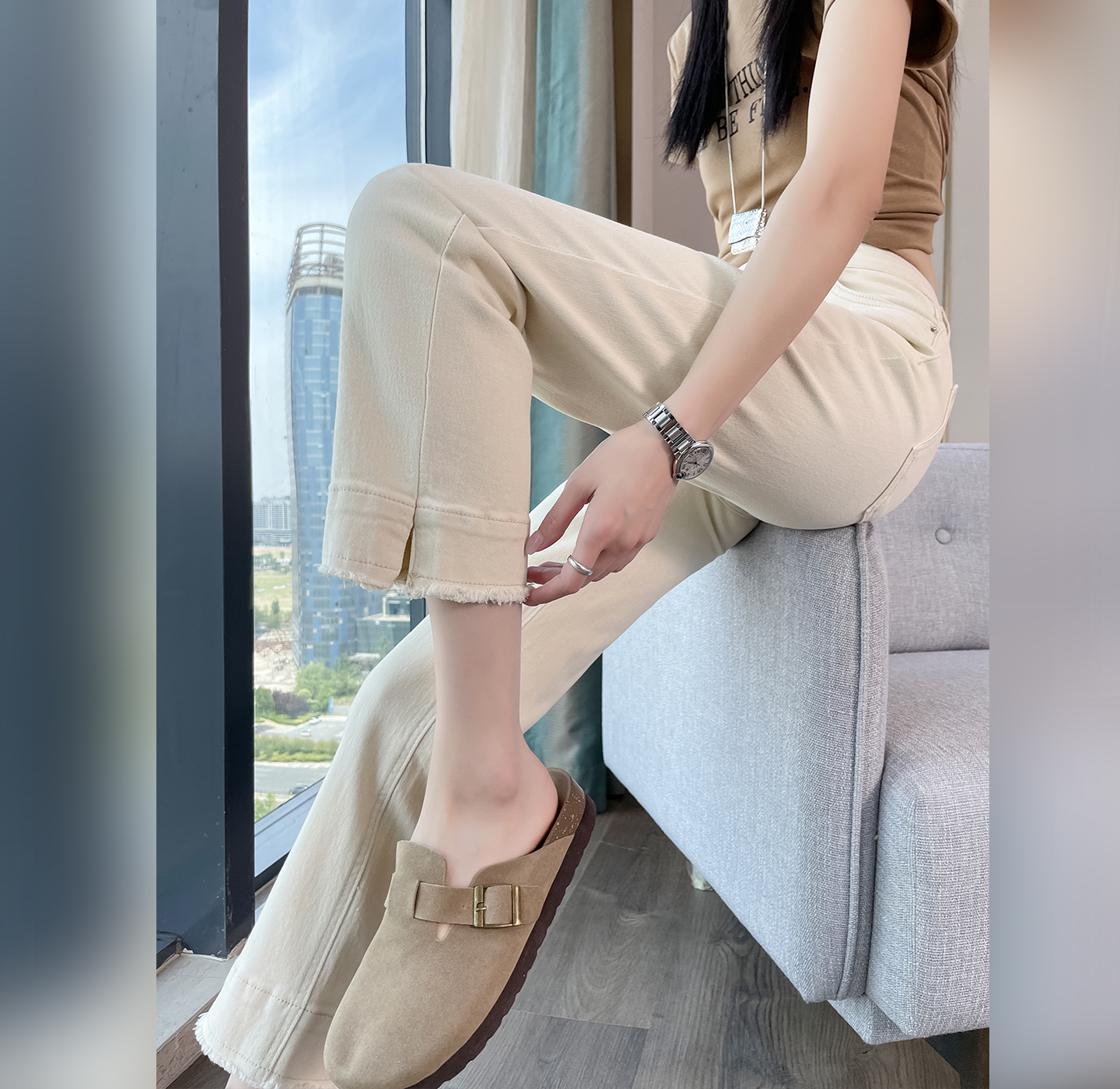 流蘇直筒褲女小個子牛仔九分褲2026春夏新款窄版開叉法棍煙管褲子