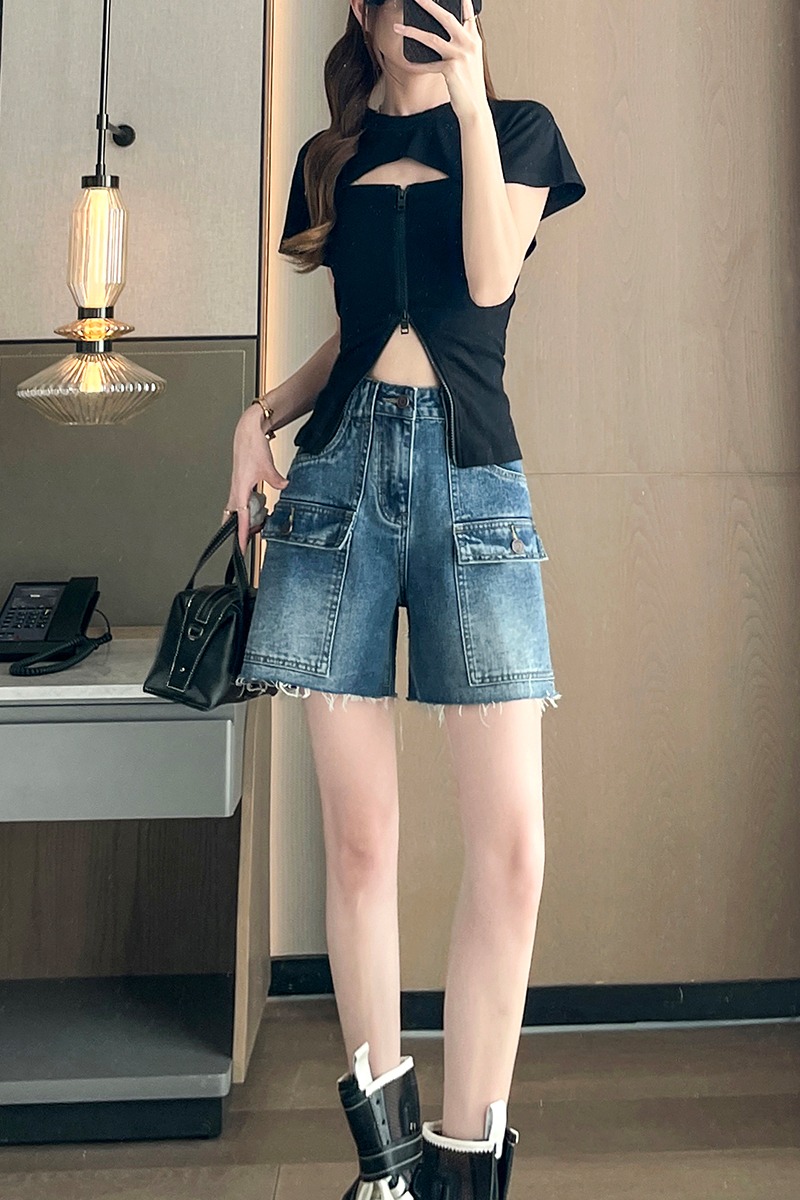休閑工裝牛仔短褲女毛邊做舊設計感2026夏薄梨型遮胯直筒五分褲子