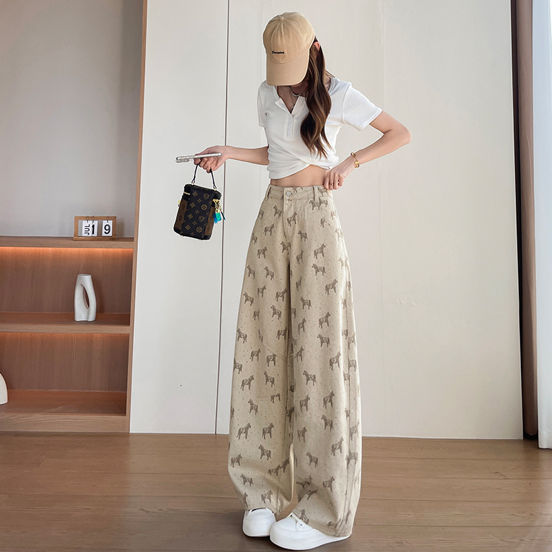 發財小馬2026春夏季新款波點印花高腰顯瘦百搭牛仔闊腿褲女彎刀褲