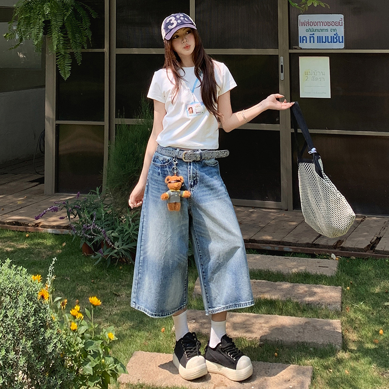 美式藍色闊腿七分褲女2026春夏新款復古休閑百搭垂感直筒短褲中褲