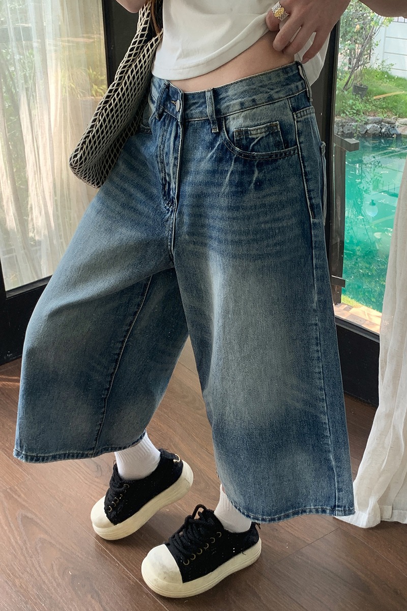 美式藍色闊腿七分褲女2026春夏新款復古休閑百搭垂感直筒短褲中褲