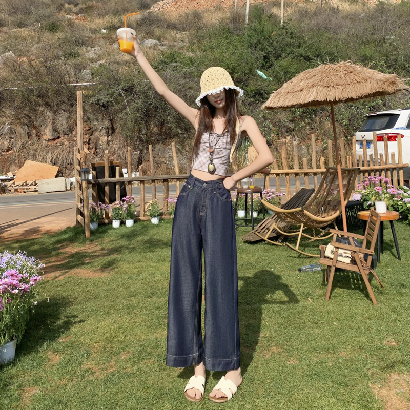 復古天絲闊腿牛仔褲女夏季薄款小個子百搭高腰寬松顯瘦直筒九分褲
