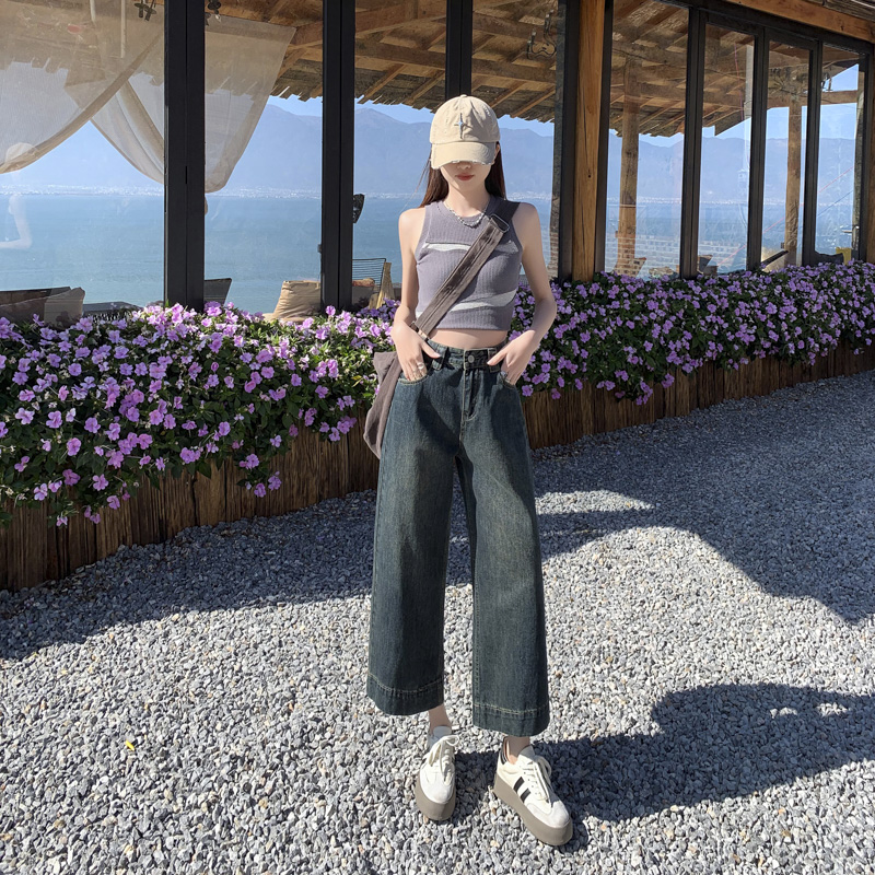 復古天絲闊腿牛仔褲女夏季薄款小個子百搭高腰寬松顯瘦直筒九分褲