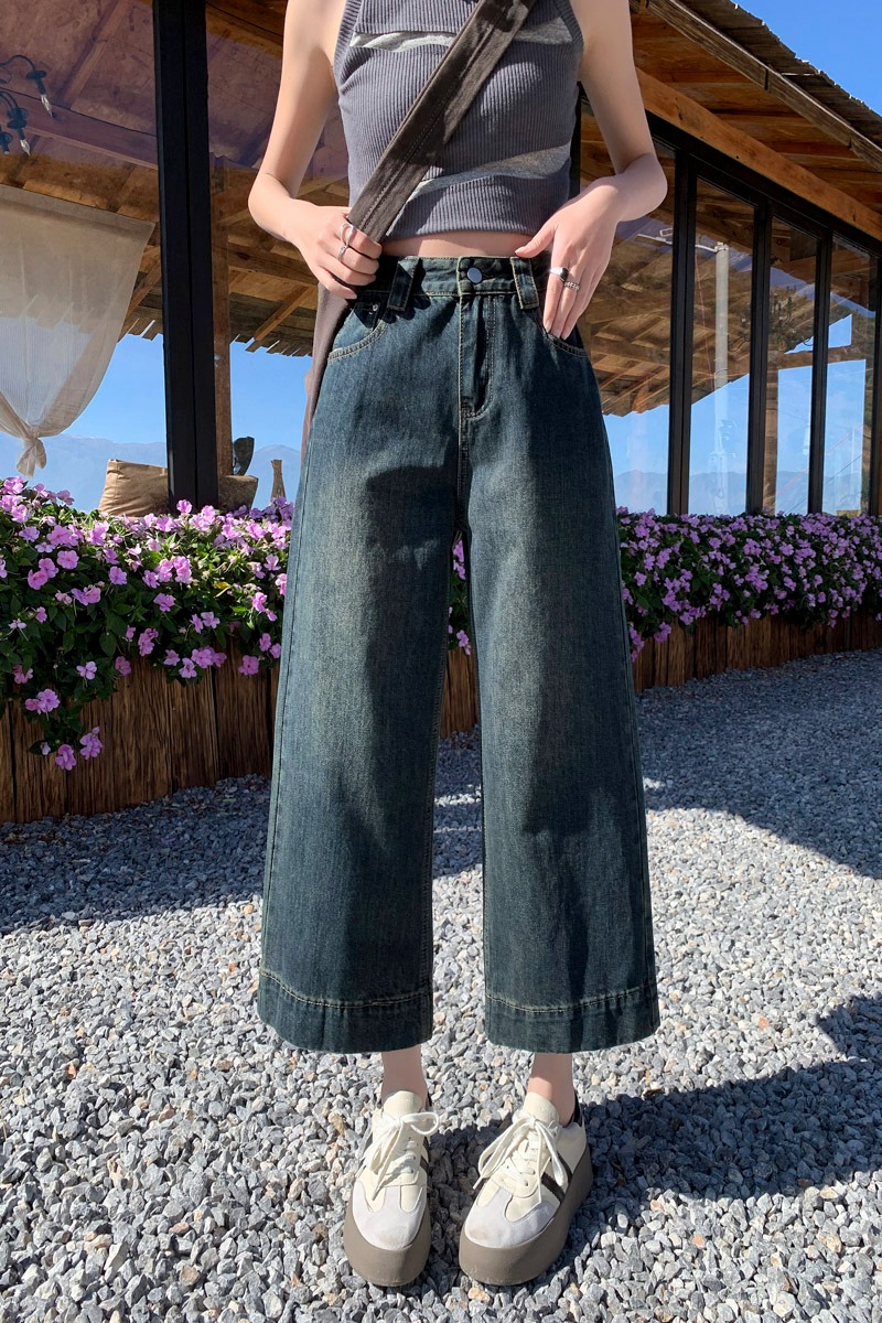 復古天絲闊腿牛仔褲女夏季薄款小個子百搭高腰寬松顯瘦直筒九分褲