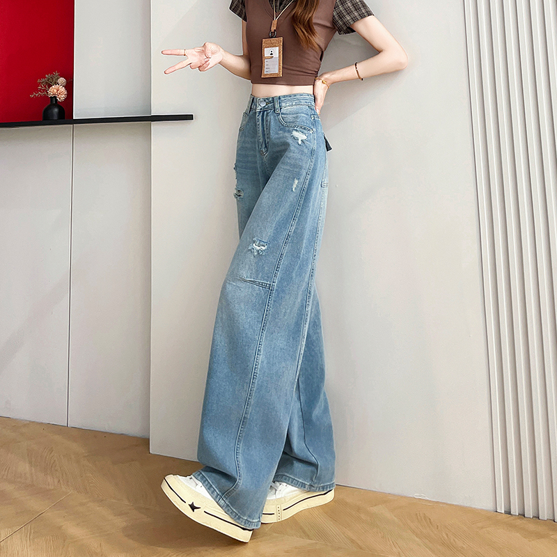 時髦闊腿牛仔褲女春夏季2026新款寬松顯瘦漂亮好看百搭磨破彎刀褲