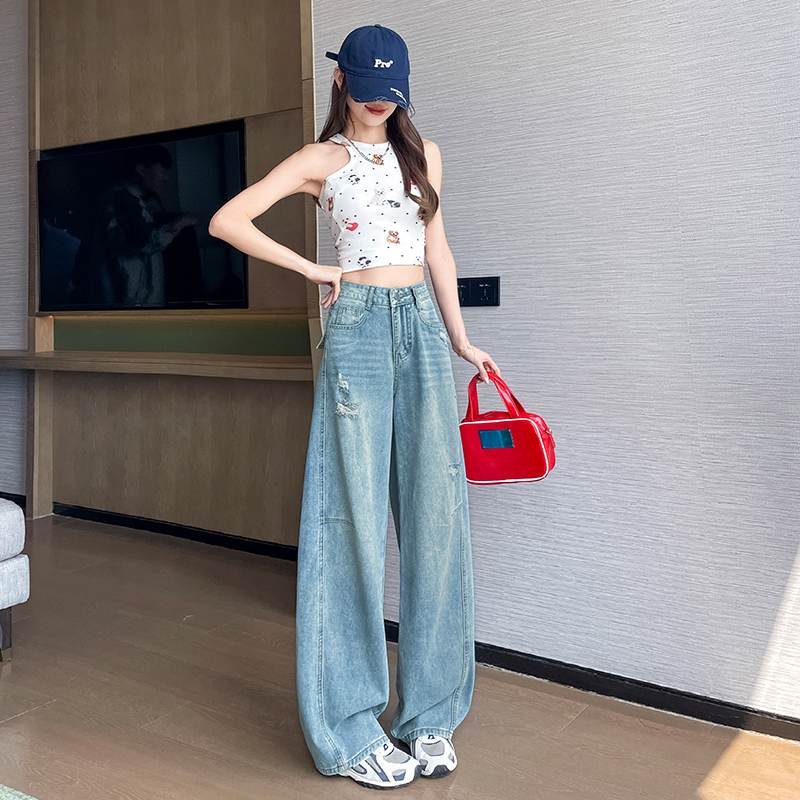 超火淺色高腰拼接闊腿牛仔褲女2026夏季新款破洞寬松顯瘦彎刀褲子