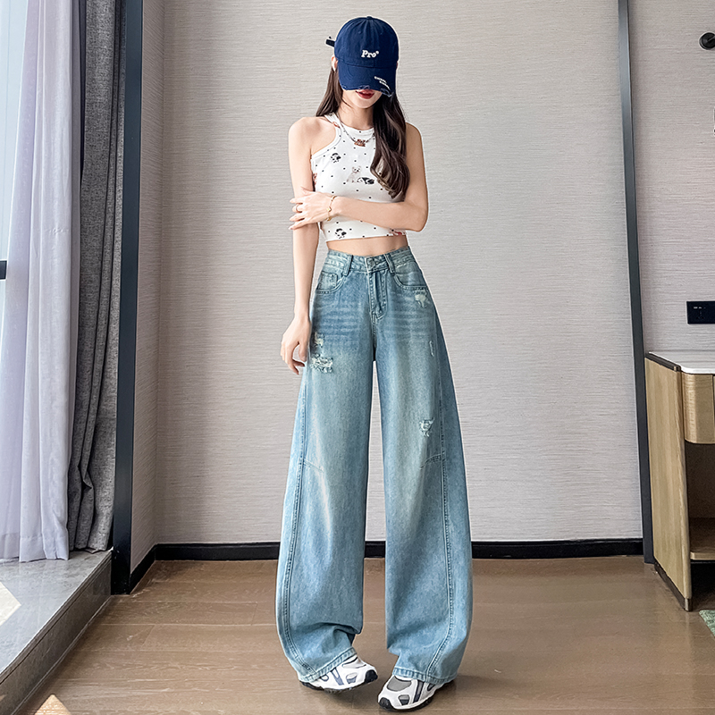 超火淺色高腰拼接闊腿牛仔褲女2026夏季新款破洞寬松顯瘦彎刀褲子