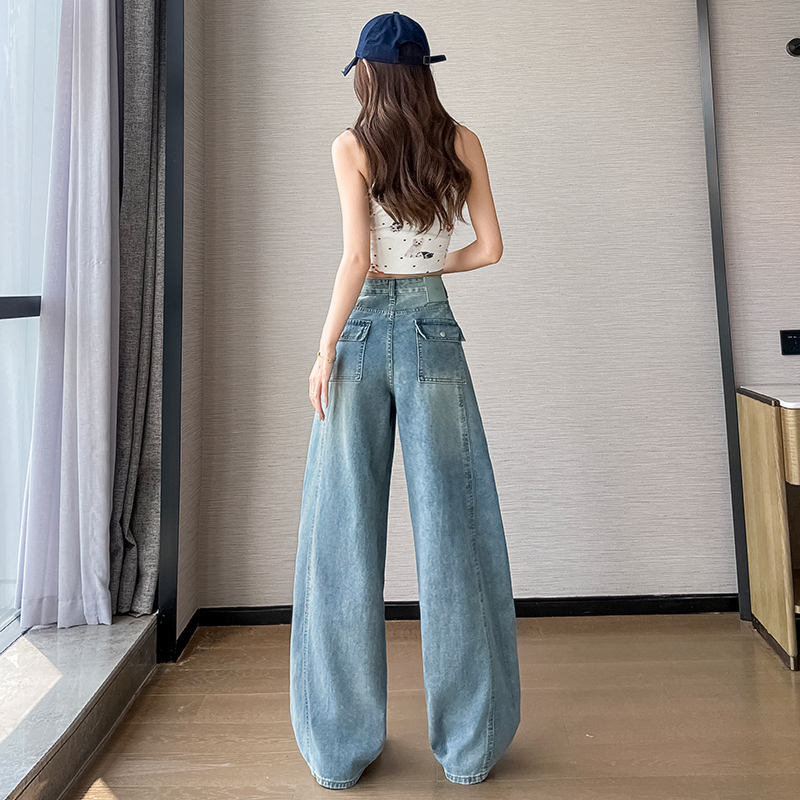 超火淺色高腰拼接闊腿牛仔褲女2026夏季新款破洞寬松顯瘦彎刀褲子