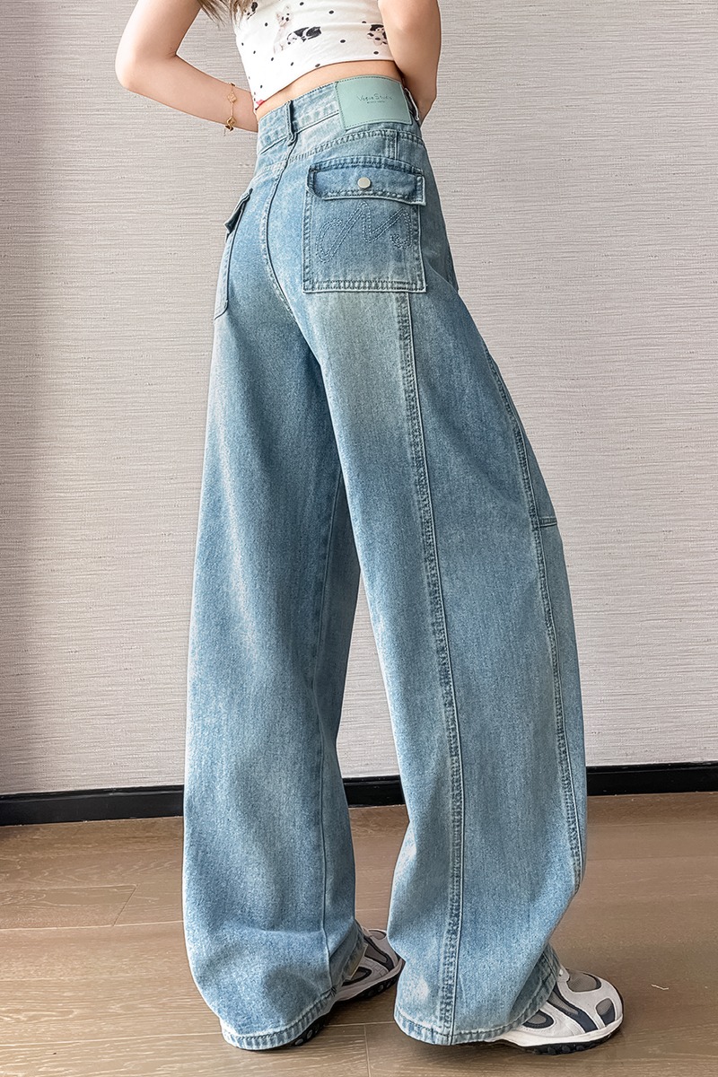 超火淺色高腰拼接闊腿牛仔褲女2026夏季新款破洞寬松顯瘦彎刀褲子