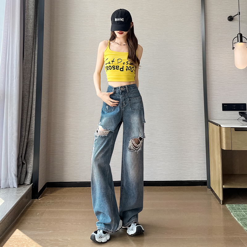 破洞闊腿牛仔褲女春夏季2026新款寬松顯瘦遮肉洋氣潮流百搭直筒褲
