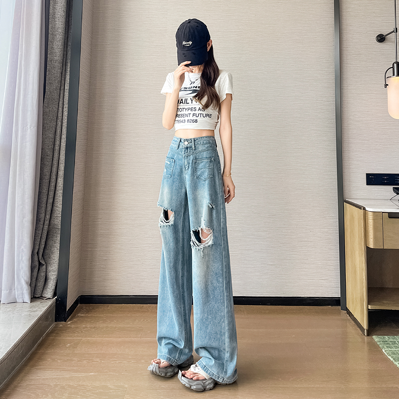 破洞闊腿牛仔褲女春夏季2026新款寬松顯瘦遮肉洋氣潮流百搭直筒褲
