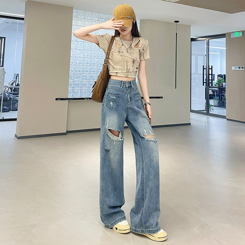 破洞闊腿牛仔褲女春夏季2026新款寬松顯瘦遮肉洋氣潮流百搭直筒褲