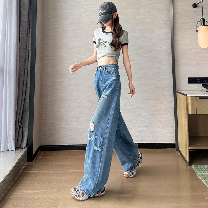 時髦破洞闊腿牛仔褲女春夏季2026新款寬松顯瘦修身時尚扎花直筒褲