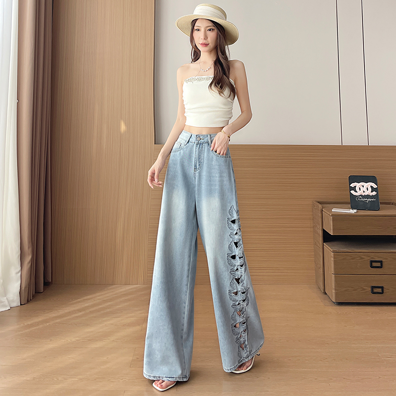 天絲破洞刺繡鏤空闊腿牛仔褲女夏季薄款2026新款寬松定制直筒褲子