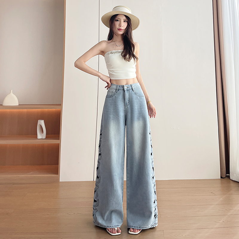天絲破洞刺繡鏤空闊腿牛仔褲女夏季薄款2026新款寬松定制直筒褲子
