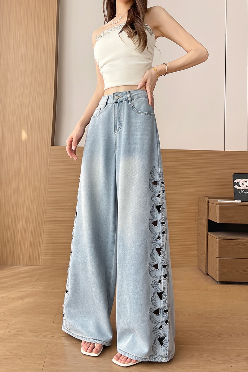 天絲破洞刺繡鏤空闊腿牛仔褲女夏季薄款2026新款寬松定制直筒褲子