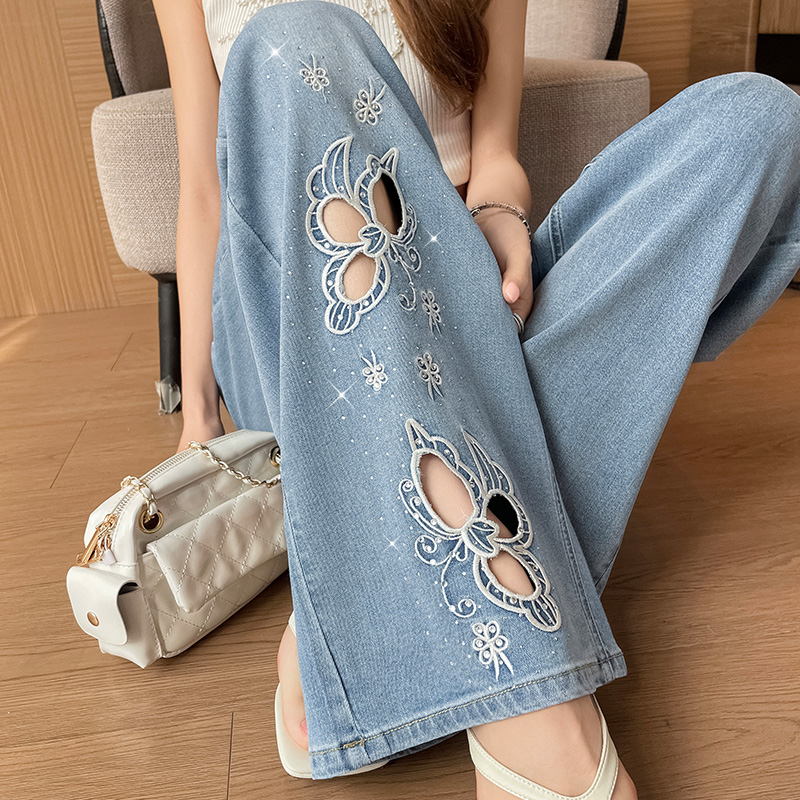 天絲破洞鏤空刺繡閃鉆闊腿牛仔褲女夏薄款2026新款涼感垂順直筒褲