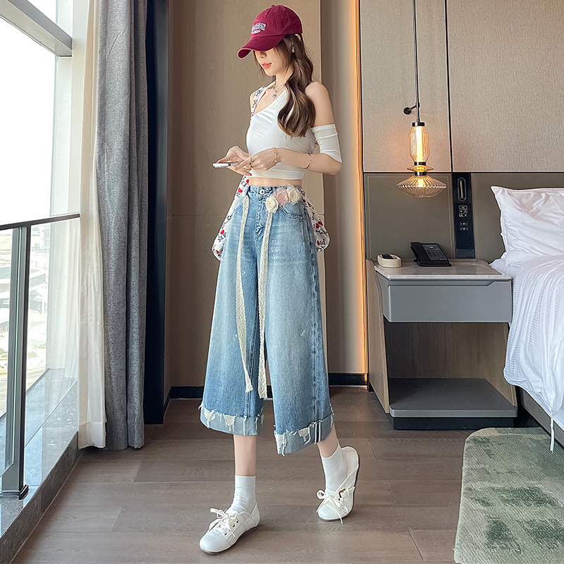 淺藍色卷邊破洞七分闊腿牛仔褲女2026夏季薄款寬松小個子7分褲子